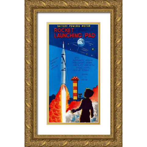 Rocket Launching Pad Gold Ornate Wood Framed Art Print with Double Matting by Retrorocket