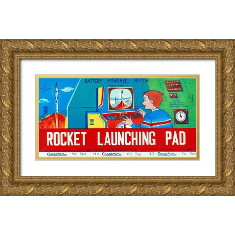 Rocket Launching Pad Gold Ornate Wood Framed Art Print with Double Matting by Retrorocket