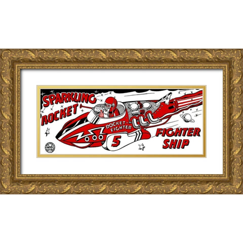 Sparkling Rocket Fighter Ship Gold Ornate Wood Framed Art Print with Double Matting by Retrorocket