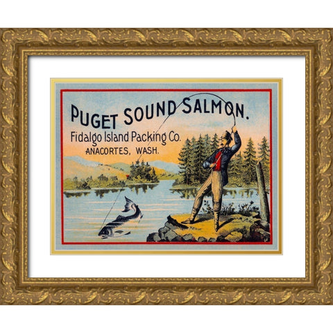 Puget Sound Salmon - On the Fly Gold Ornate Wood Framed Art Print with Double Matting by Retrolabel