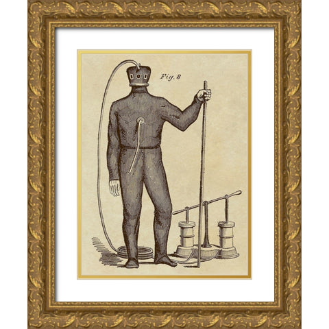 Diving Gear with Suit and Air Pump Gold Ornate Wood Framed Art Print with Double Matting by Inventions
