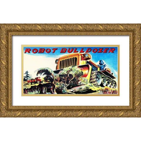 Robot Bulldozer Gold Ornate Wood Framed Art Print with Double Matting by Retrobot