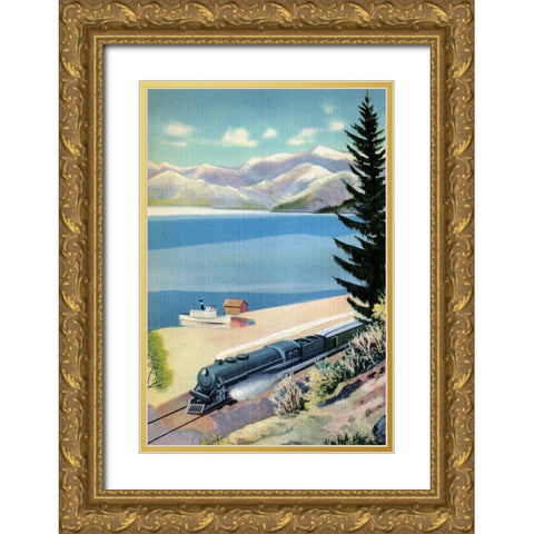 Steaming Along the Coast Gold Ornate Wood Framed Art Print with Double Matting by Retrotravel