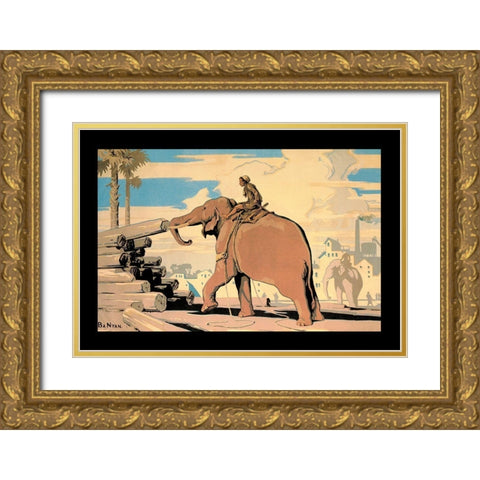 Moving Logs with Elephant Power Gold Ornate Wood Framed Art Print with Double Matting by Vintage Elephant