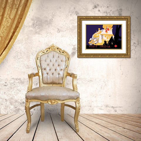 Visit India Gold Ornate Wood Framed Art Print with Double Matting by Vintage Elephant