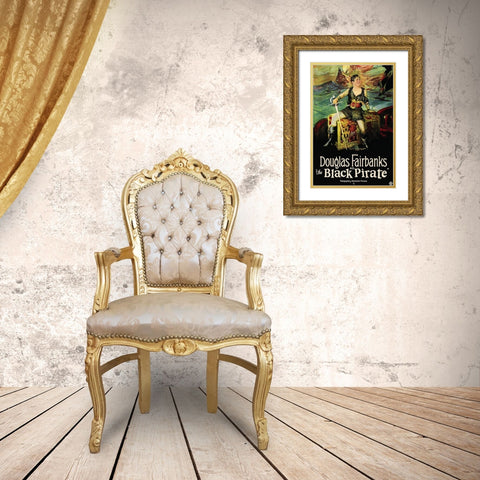 Movie Poster: Douglas Fairbanks - The Black Pirate Gold Ornate Wood Framed Art Print with Double Matting by Unknown 20th Century American Illustrator