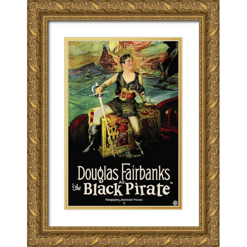 Movie Poster: Douglas Fairbanks - The Black Pirate Gold Ornate Wood Framed Art Print with Double Matting by Unknown 20th Century American Illustrator