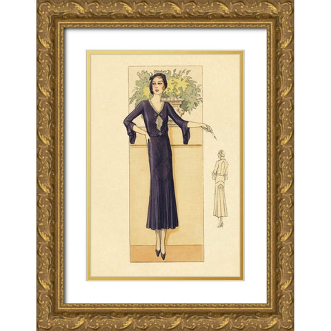 Daytime Dress in Navy Gold Ornate Wood Framed Art Print with Double Matting by Vintage Fashion