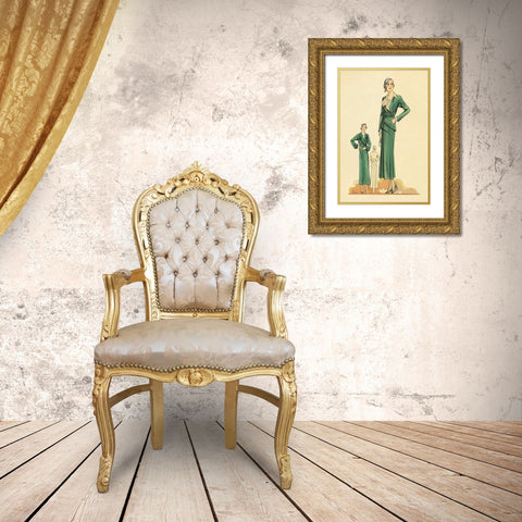 Green Dress and Overcoat Gold Ornate Wood Framed Art Print with Double Matting by Vintage Fashion