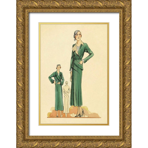 Green Dress and Overcoat Gold Ornate Wood Framed Art Print with Double Matting by Vintage Fashion