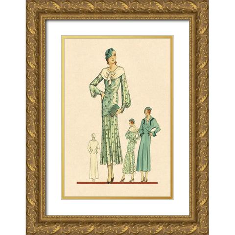 Daytime Dress in Fern with Overcoat Gold Ornate Wood Framed Art Print with Double Matting by Vintage Fashion
