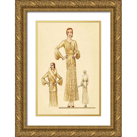 Winter Dress and Overcoat in Yellow Gold Ornate Wood Framed Art Print with Double Matting by Vintage Fashion