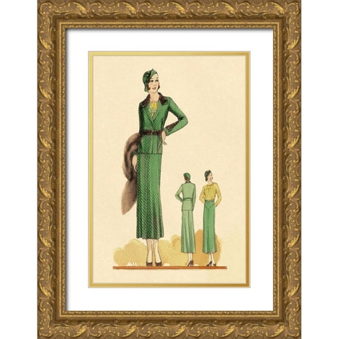 Sophisticated Green Suit with Stole Gold Ornate Wood Framed Art Print with Double Matting by Vintage Fashion