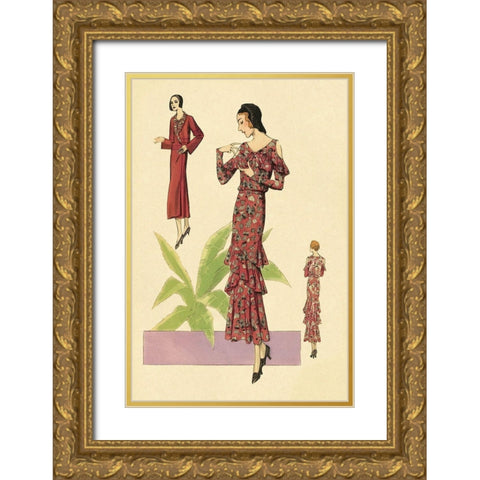 Party Dress with Ruffles and Flowers Gold Ornate Wood Framed Art Print with Double Matting by Vintage Fashion