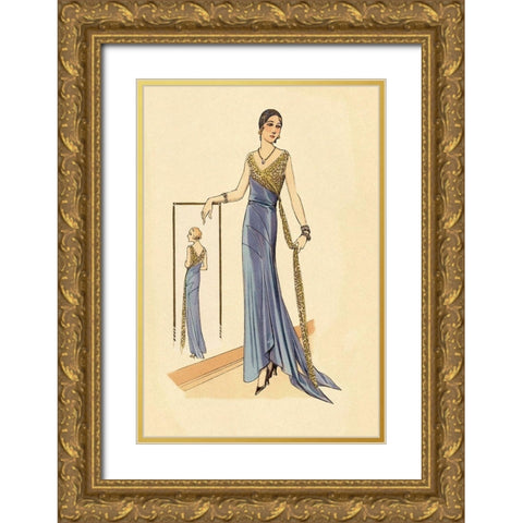 Evening Gown in Blue and Gold Gold Ornate Wood Framed Art Print with Double Matting by Vintage Fashion