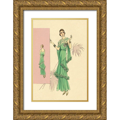 Playful Green Evening Gown Gold Ornate Wood Framed Art Print with Double Matting by Vintage Fashion