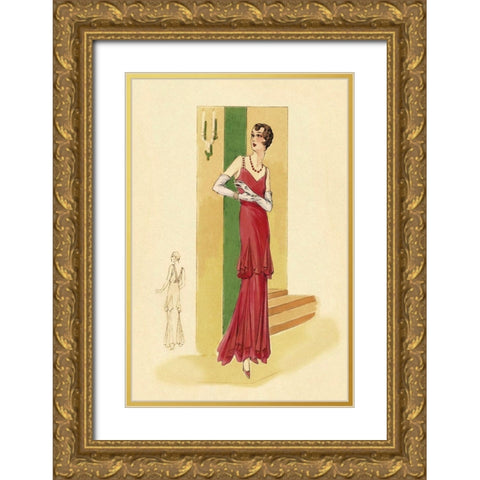 Scarlet Evening Gown Gold Ornate Wood Framed Art Print with Double Matting by Vintage Fashion