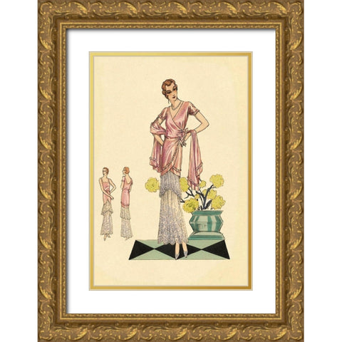 Party Dress in Pink and Blue Gold Ornate Wood Framed Art Print with Double Matting by Vintage Fashion