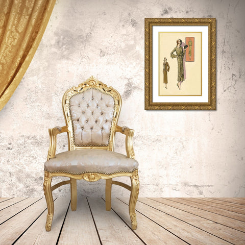 Ruffled Autumn Dress and Overcoat Gold Ornate Wood Framed Art Print with Double Matting by Vintage Fashion