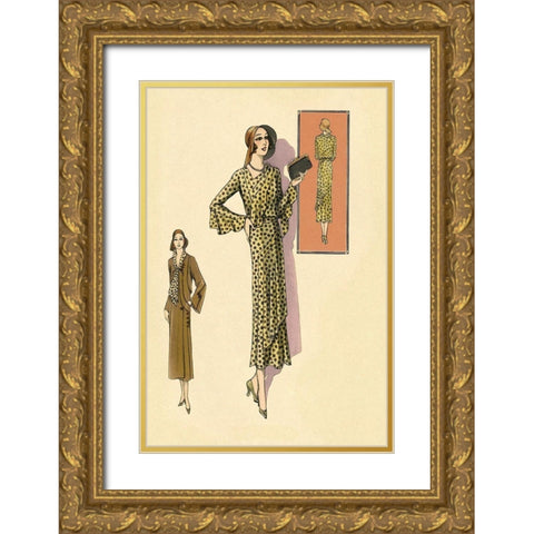 Ruffled Autumn Dress and Overcoat Gold Ornate Wood Framed Art Print with Double Matting by Vintage Fashion