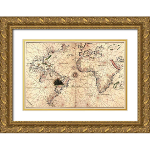 Portolan World Map Gold Ornate Wood Framed Art Print with Double Matting by Oliva, Joan