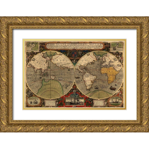 Vera Totius Expeditionis Nautica Gold Ornate Wood Framed Art Print with Double Matting by Ortelius, A.
