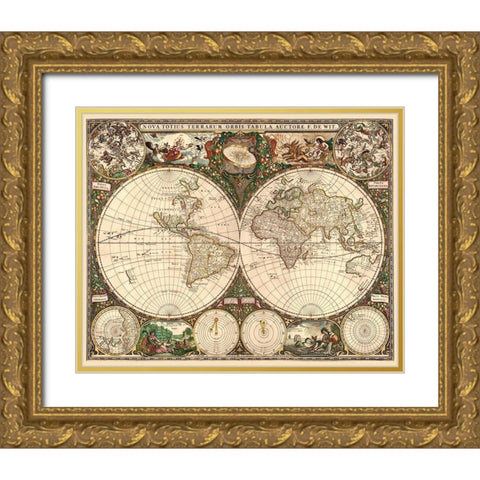 World Map Gold Ornate Wood Framed Art Print with Double Matting by De Wit, Frederick