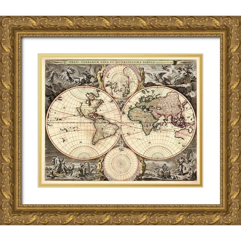 World Map Gold Ornate Wood Framed Art Print with Double Matting by Visscher, Nicolao