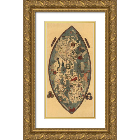 Genoese World Map Gold Ornate Wood Framed Art Print with Double Matting by del Pozzo Toscanelli, Paolo