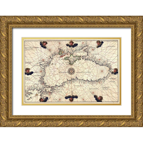Portolan or Navigational Map of the Black Sea showing anthropomorphic winds Gold Ornate Wood Framed Art Print with Double Matting by Agnese, Battista