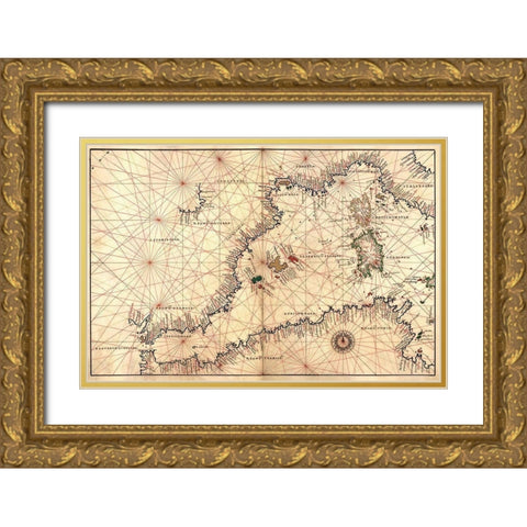 Portolan or Navigational Map of the Western Mediterranean from Gibraltar to Piedmont and Sardinia Gold Ornate Wood Framed Art Print with Double Matting by Agnese, Battista