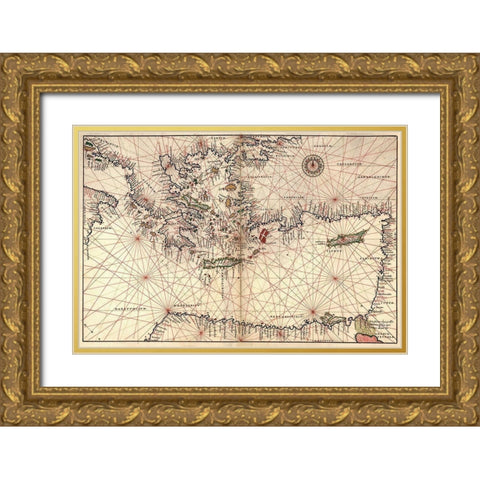 Portolan or Navigational Map of Greece, the Mediterranean and the Levant Gold Ornate Wood Framed Art Print with Double Matting by Agnese, Battista