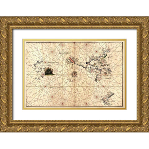 Portolan Map of the Western Hemisphere showing what will become the United States, Panama and a port Gold Ornate Wood Framed Art Print with Double Matting by Agnese, Battista