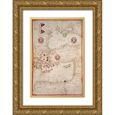 Portolan Map of Turkey, Mediterranean, Adriatic and the Agean Gold Ornate Wood Framed Art Print with Double Matting by Oliva, Joan