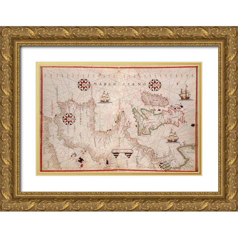 Portolan Map of Spain, England, Ireland and France Gold Ornate Wood Framed Art Print with Double Matting by Oliva, Joan