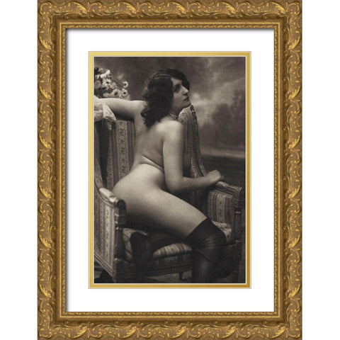 On the Armchair Gold Ornate Wood Framed Art Print with Double Matting by Vintage Nudes