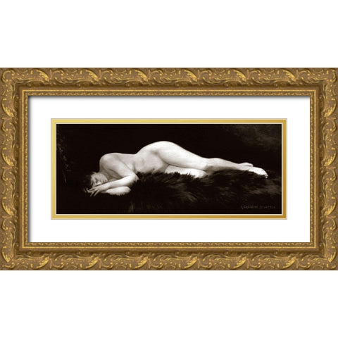 Asleep on a Fur Rug Gold Ornate Wood Framed Art Print with Double Matting by Vintage Nudes