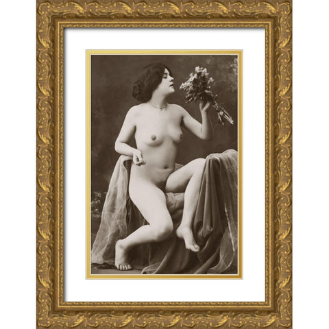 Nude with a Bouquet Gold Ornate Wood Framed Art Print with Double Matting by Vintage Nudes