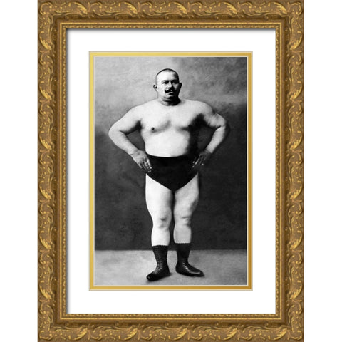 Bodybuilder in Hands on Hips Pose Gold Ornate Wood Framed Art Print with Double Matting by Vintage Muscle Men