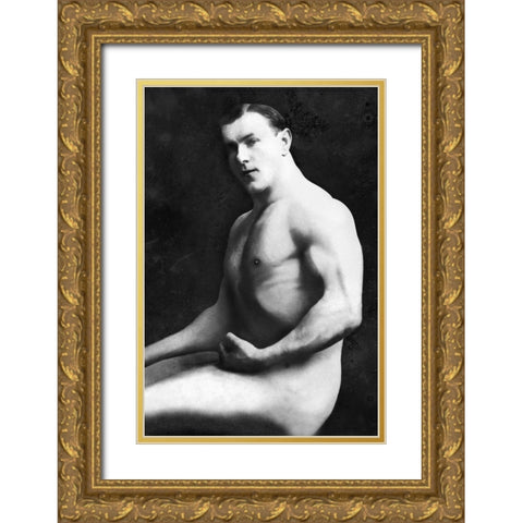 Arm Curl from Seated Pose Gold Ornate Wood Framed Art Print with Double Matting by Vintage Muscle Men