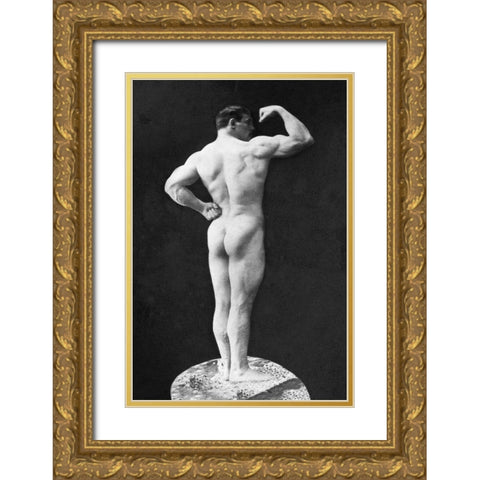 Statuesque Back and Arm Curl Gold Ornate Wood Framed Art Print with Double Matting by Vintage Muscle Men