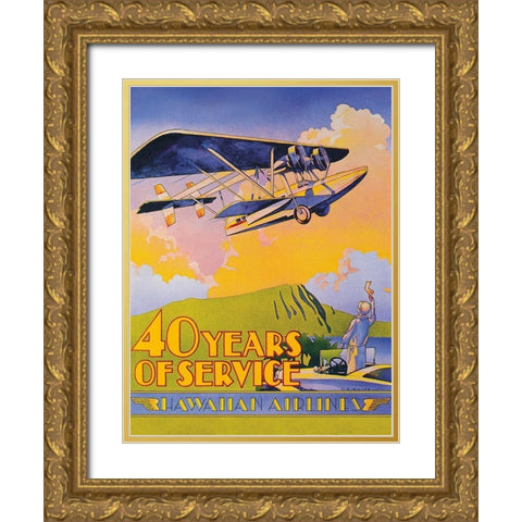 Hawaiian Airlines - 40 Years of Service Gold Ornate Wood Framed Art Print with Double Matting by White, C.E.