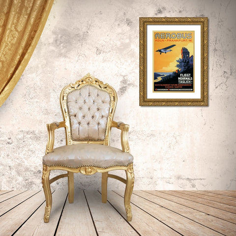 Cologne Frankfurt Aerobus and Rhine Castle Gold Ornate Wood Framed Art Print with Double Matting by Siegwardt, K.