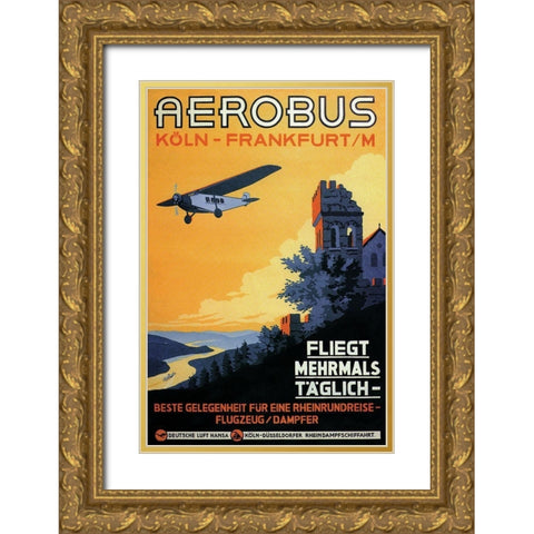 Cologne Frankfurt Aerobus and Rhine Castle Gold Ornate Wood Framed Art Print with Double Matting by Siegwardt, K.