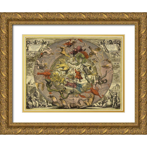Maps of the Heavens: Hemisphaeriibore Alis Coelietterrae Gold Ornate Wood Framed Art Print with Double Matting by Cellarius, Andreas