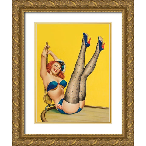 Mid-Century Pin-Ups - Flirt Magazine - Sailor Girl Gold Ornate Wood Framed Art Print with Double Matting by Driben, Peter