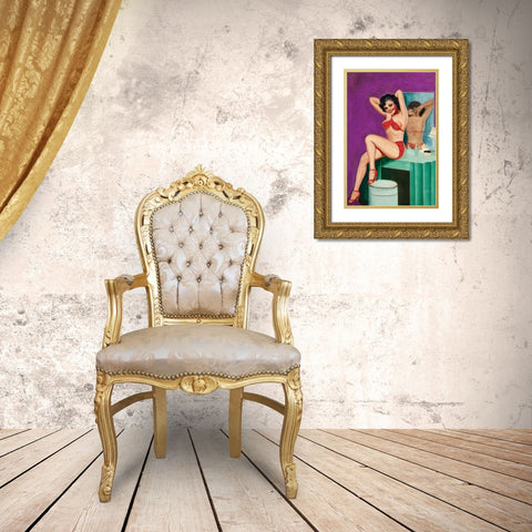 Mid-Century Pin-Ups - Bedtime Stories Gold Ornate Wood Framed Art Print with Double Matting by Driben, Peter