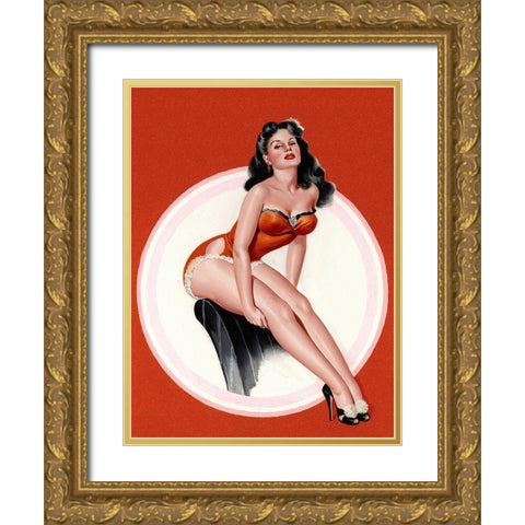 Mid-Century Pin-Ups - Eyeful Magazine - Brunette in a Red Bathing suit Gold Ornate Wood Framed Art Print with Double Matting by Driben, Peter
