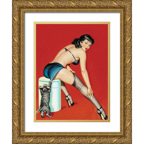 Mid-Century Pin-Ups - Flirt Magazine - Playful Pussy Gold Ornate Wood Framed Art Print with Double Matting by Driben, Peter