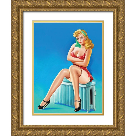 Mid-Century Pin-Ups - Wink Magazine - Warm Thoughts Gold Ornate Wood Framed Art Print with Double Matting by Driben, Peter
